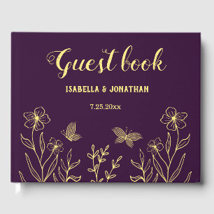Romantic elegant gold flower purple wedding guest book