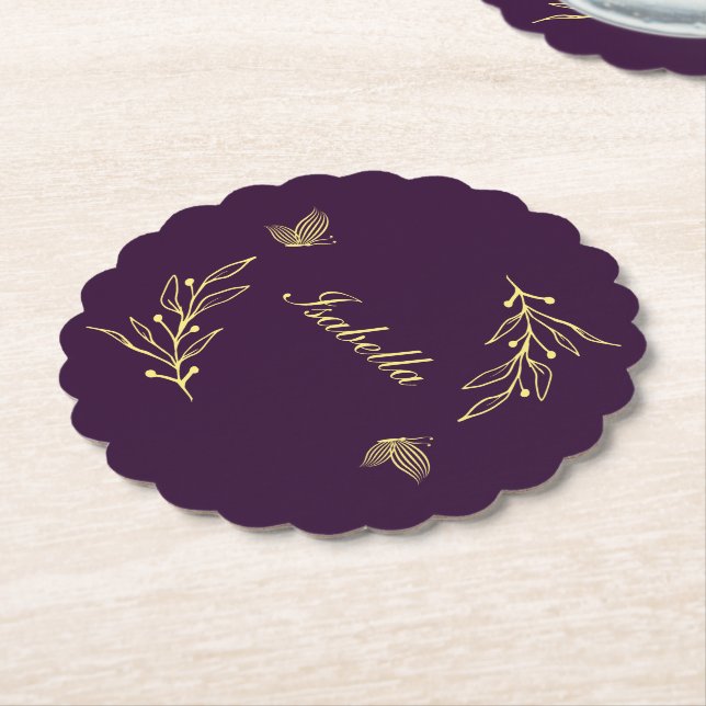 Romantic elegant gold flower purple wedding paper coaster (Angled)