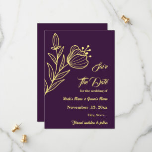 Romantic elegant gold flower purple wedding save the date