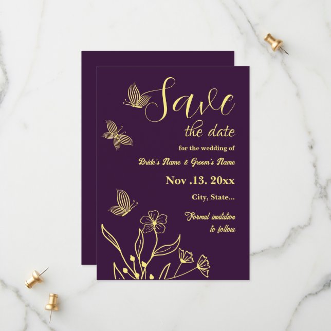 Romantic elegant gold flower purple wedding save the date (Front/Back In Situ)