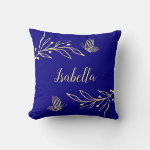 Romantic elegant gold flower royal blue cushion