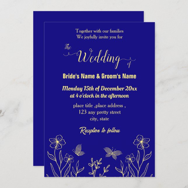 Romantic elegant gold flower royal blue invitation (Front/Back)