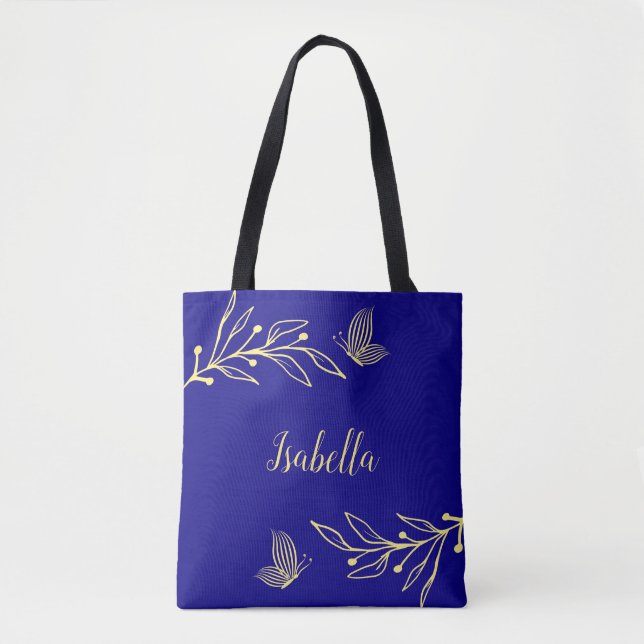 Romantic elegant gold flower royal blue tote bag (Front)