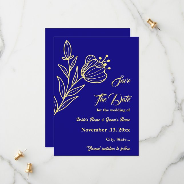 Romantic elegant gold flower royal blue wedding save the date (Front/Back In Situ)