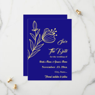 Romantic elegant gold flower royal blue wedding save the date
