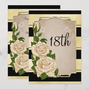 Romantic Elegant Ivory Roses Gold Framed 18th Invitation