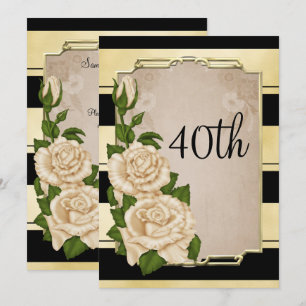 Romantic Elegant Ivory Roses Gold Framed 40th Invitation