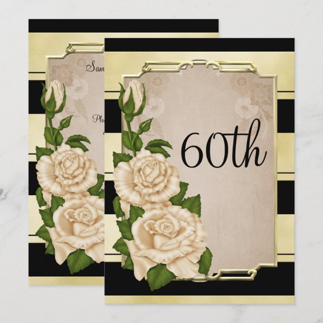 Romantic Elegant Ivory Roses Gold Framed 60th Invitation (Front/Back)