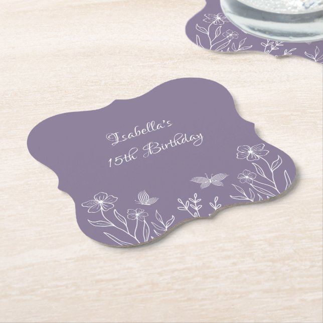 Romantic elegant mauve floral wedding paper coaster (Angled)