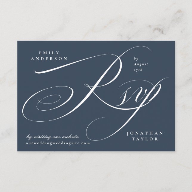 Romantic Elegant Navy Blue and White Calligraphy RSVP Card (Front)