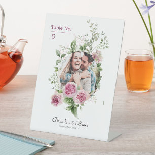 Romantic Elegant Photo Wedding Table Numbers Pedestal Sign