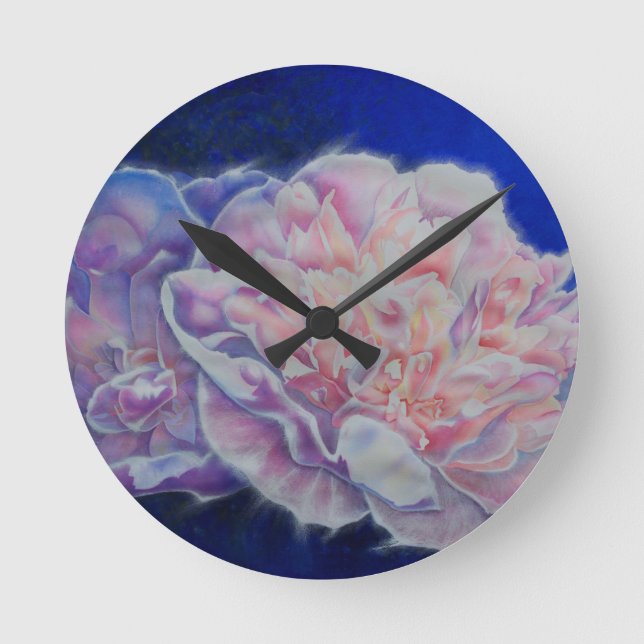 Romantic elegant pink white blue pastel watercolor round clock (Front)