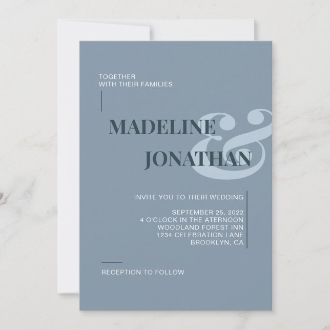 Romantic Elegant Plain Dusty Blue Wedding Invitation (Front)