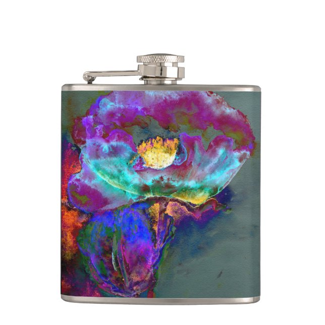 Romantic elegant purple teal flower painting hip flask (Front)