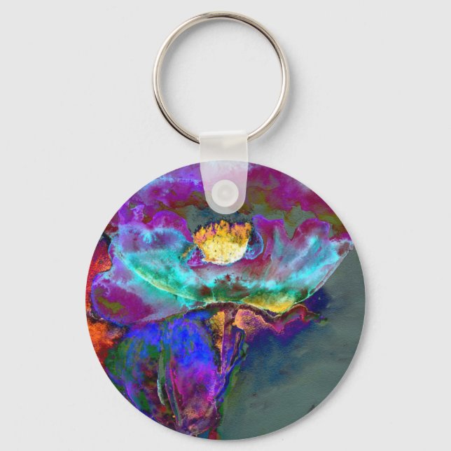 Romantic elegant purple teal flower painting key ring (Front)