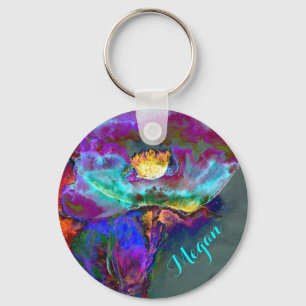 Romantic elegant purple teal flower painting key ring