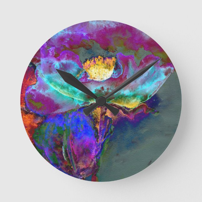 Romantic elegant purple teal flower painting round clock (Front)