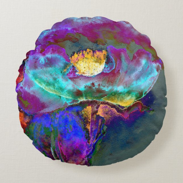 Romantic elegant purple teal flower painting round cushion (Front)