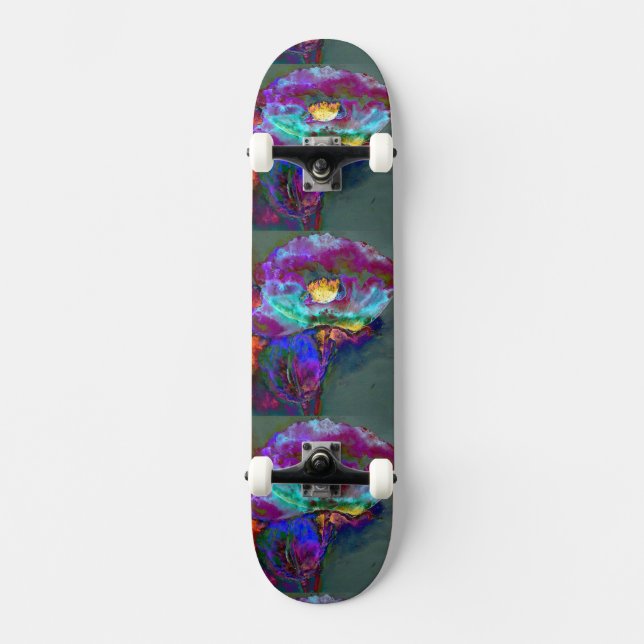 Romantic elegant purple teal flower painting skateboard (Front)
