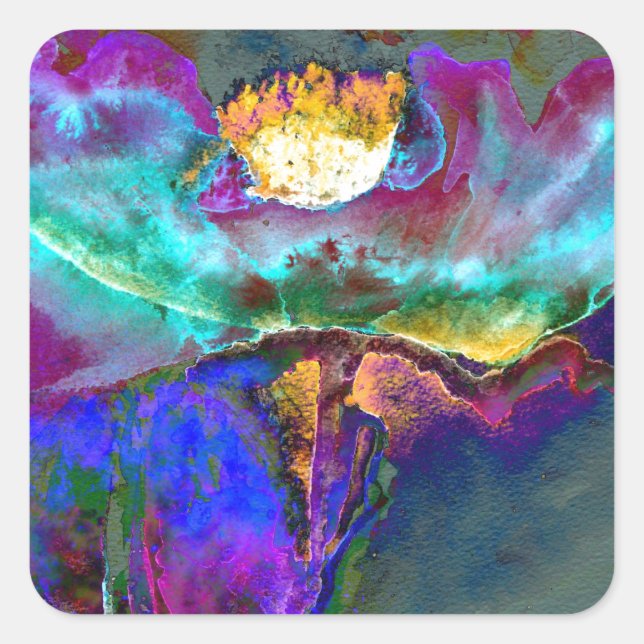 Romantic elegant purple teal flower painting square sticker (Front)