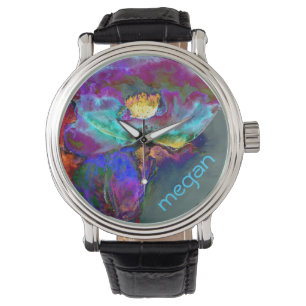 Romantic elegant purple teal flower painting watch