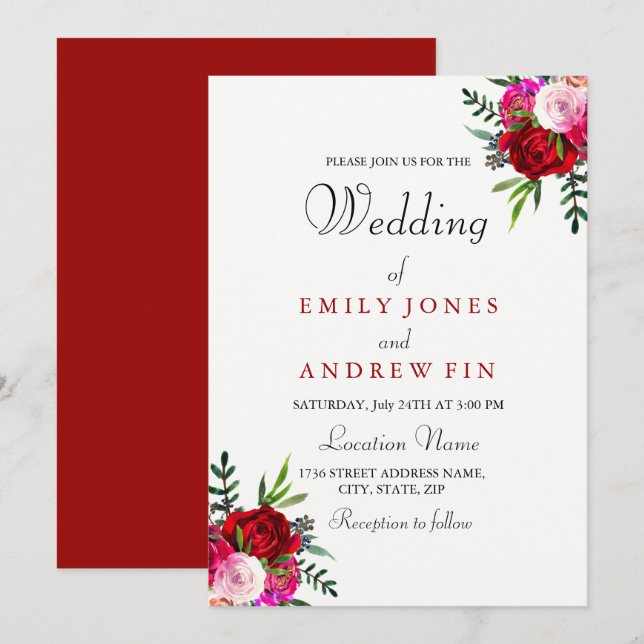 Romantic Elegant Red Pink Rose Wedding Invitation (Front/Back)