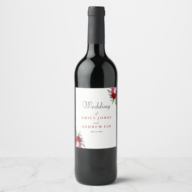 Romantic Elegant Red Rose Wedding Wine Label (Front)