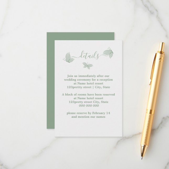 Romantic elegant sage green butterflies wedding enclosure card (Front/Back In Situ)