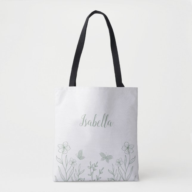 Romantic elegant sage green floral  tote bag (Front)
