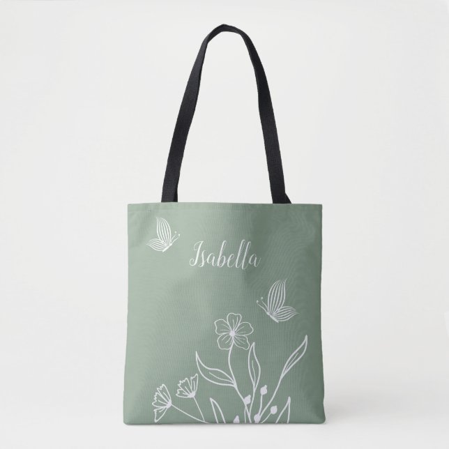 Romantic elegant sage green floral  tote bag (Front)