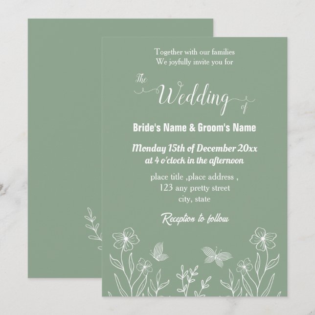 Romantic elegant sage green floral wedding invitation (Front/Back)