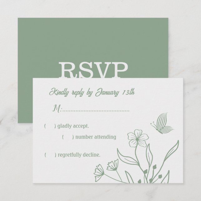Romantic elegant sage green floral wedding RSVP card (Front/Back)