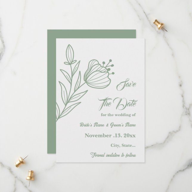 Romantic elegant sage green floral wedding save the date (Front/Back In Situ)
