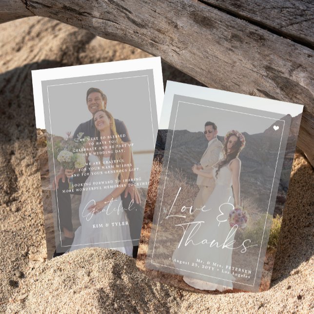 Romantic elegant script 2 photos overlay wedding thank you card (Creator Uploaded)