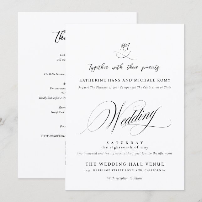 Romantic Elegant Script Calligraphy Wedding Invitation (Front/Back)
