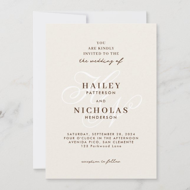 Romantic Elegant Script Monogram Champagne Wedding Invitation (Front)