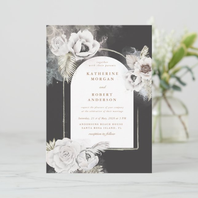 romantic elegant silver floral wedding invitation (Standing Front)