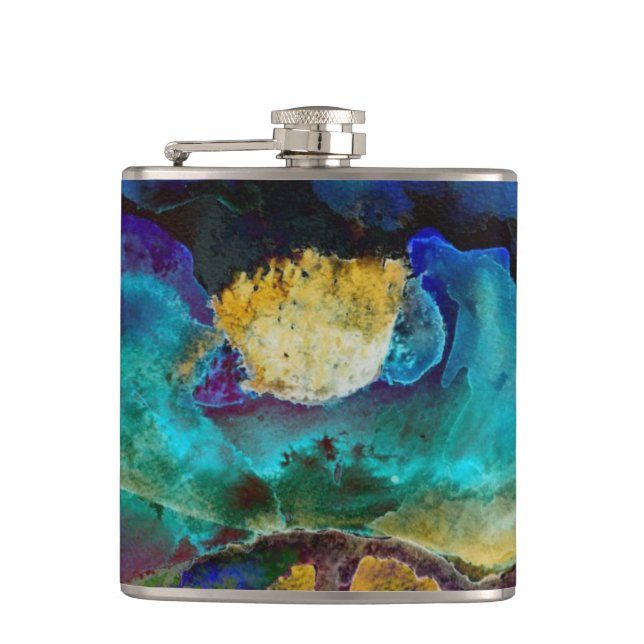 Romantic elegant teal floral watercolor painting hip flask (Front)