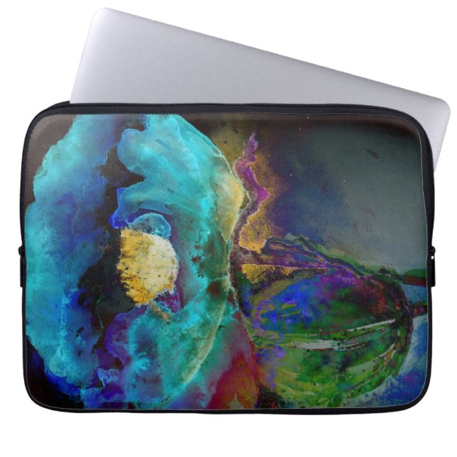 Romantic elegant teal floral watercolor painting laptop sleeve (Front)