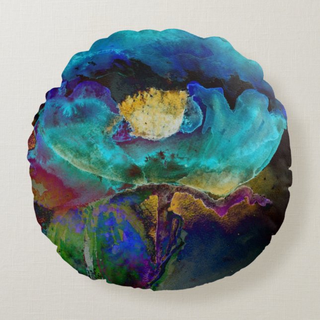 Romantic elegant teal floral watercolor painting round cushion (Front)