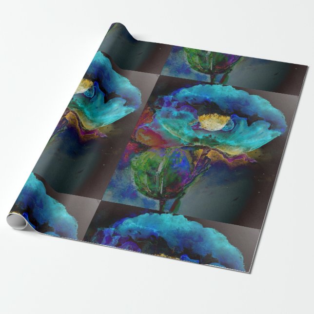 Romantic elegant teal floral watercolor painting wrapping paper (Unrolled)