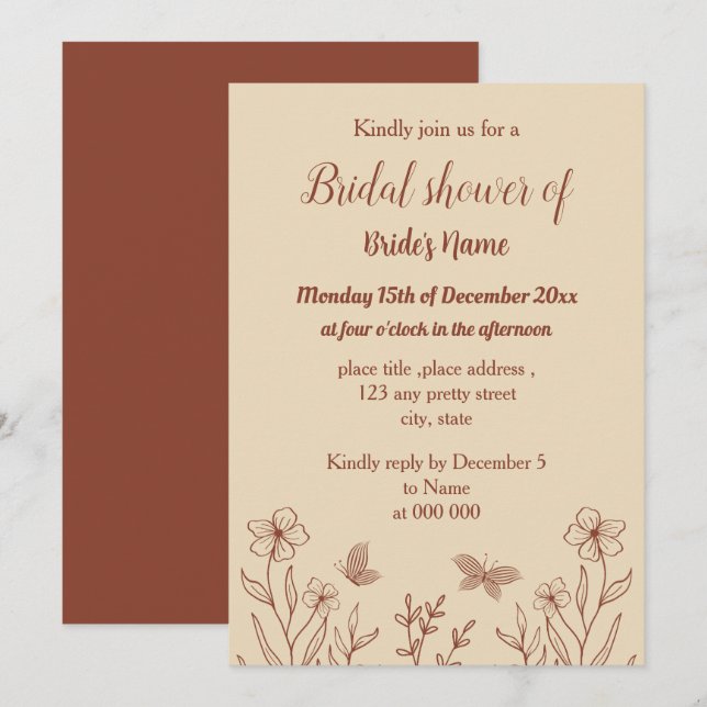 Romantic elegant terracotta floral bridal shower invitation (Front/Back)