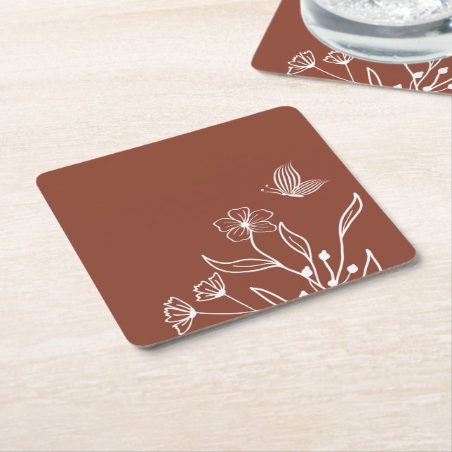 Romantic elegant terracotta floral wedding square paper coaster (Angled)