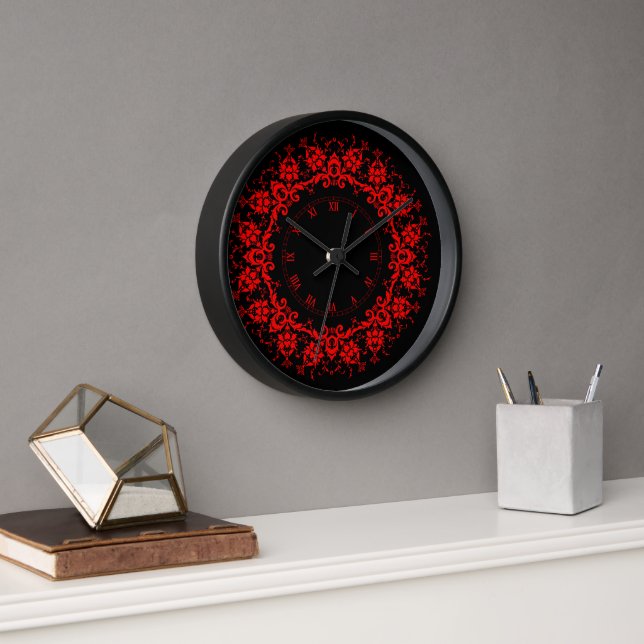 Romantic, Elegant Vintage Damask Red Goth  Clock (Office)