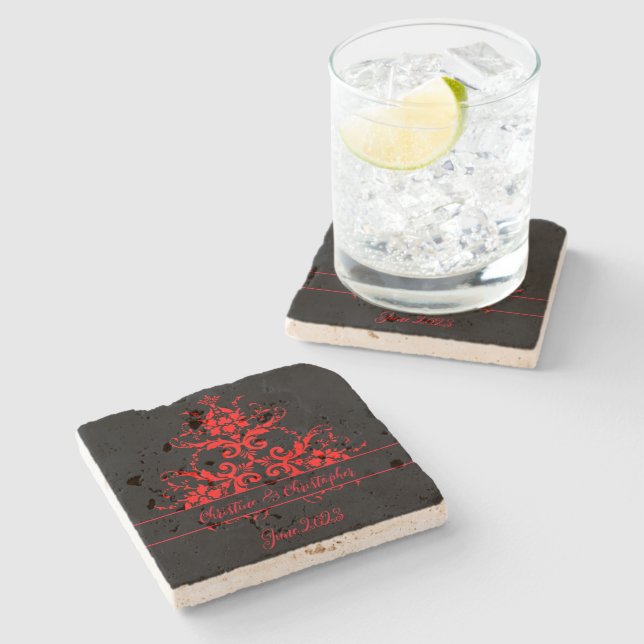Romantic, Elegant Vintage Red Damask Stone Coaster (Side)
