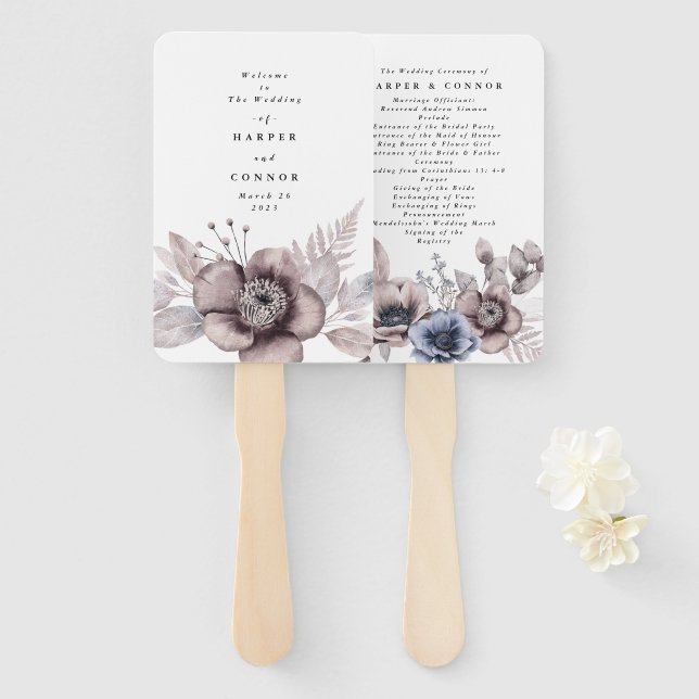 Romantic Elegant Watercolor Floral Wedding Program Hand Fan (Front and Back)