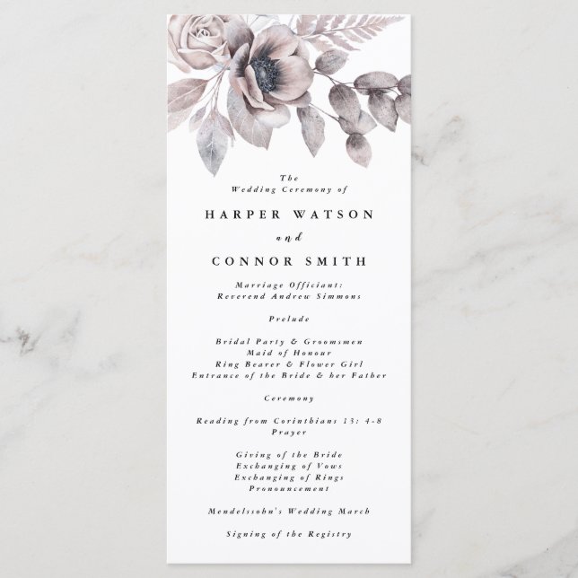 Romantic Elegant Watercolor Floral Wedding Programme (Front)