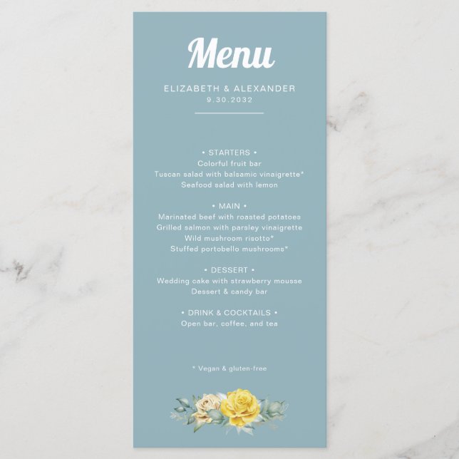 Romantic elegant yellow roses watercolor wedding menu (Front)