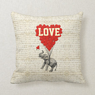 Romantic elephant and heart balloons cushion