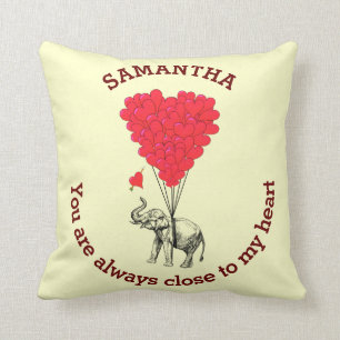 Romantic elephant and red heart personalised cushion